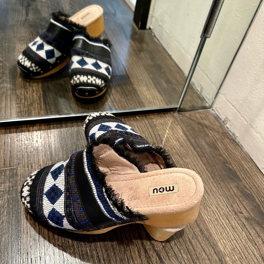 Mou Black and Blue Patterned Mules